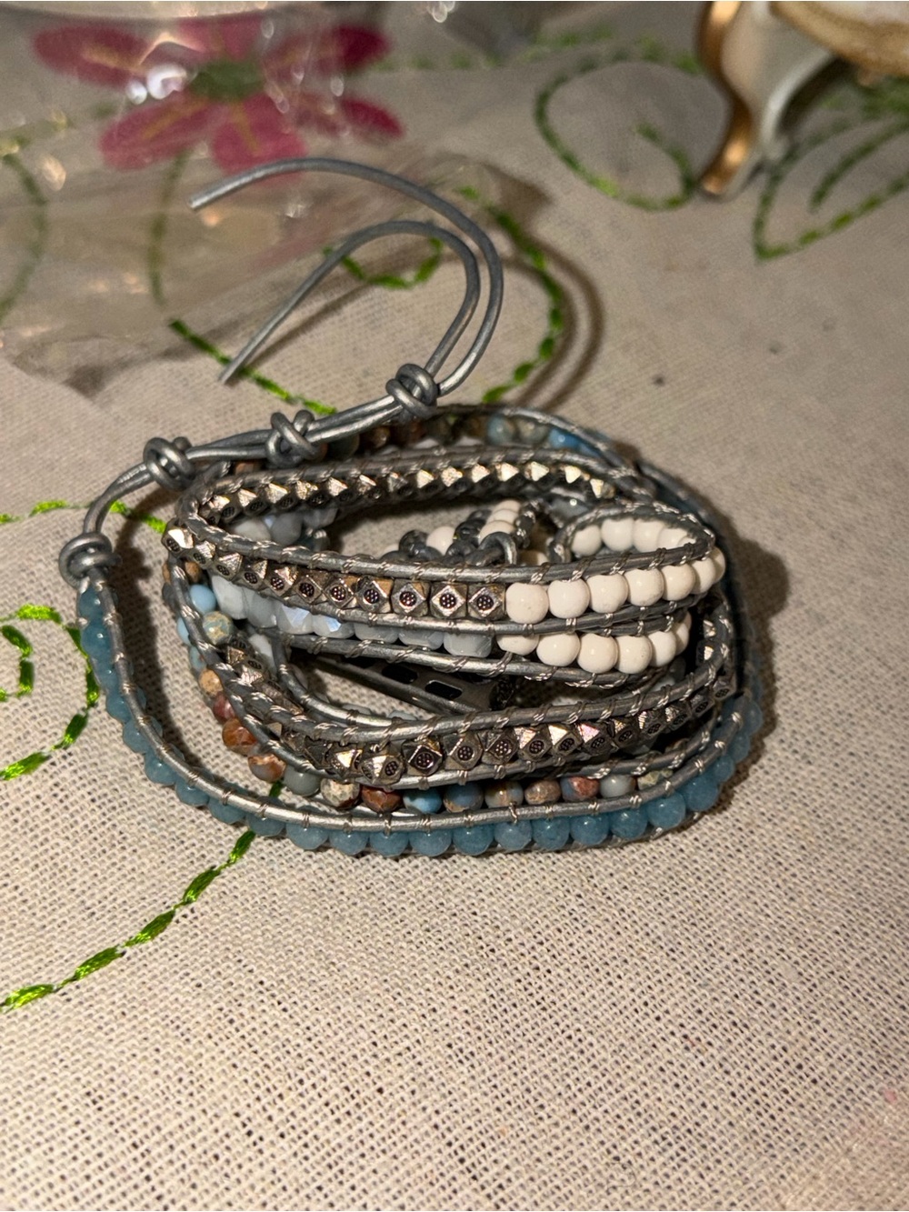 Silver and Multi Blue and White Multi-Strand Beaded Wrap Strap for iPhone